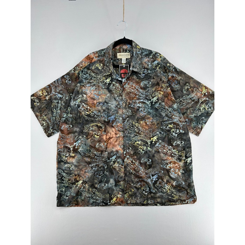 Johari West Mens 3XL Batik Fish Frog Print Cotton Button Down Shirt NWT Brown